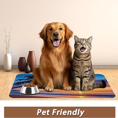 Tropical Palm Pet Feeding Mat,Sunset Trees Sea Beach Absorbent Quick-Dry Cat Dog Food and Water Bowl Mats, Non-Slip Rubber Backing Mat, Cat Dog Accessories Supplies 12"x20"