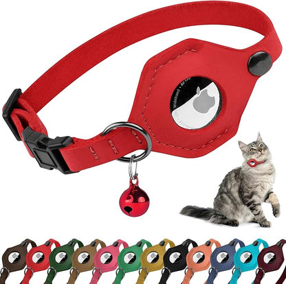 Breakaway Airtag Cat Collar with Removable Bell - Leather Soft Pet Collar with Apple Air Tag Holder - Adjustable GPS Collars for Girl Boy Cats Kitten Puppy - Lightweight, Cute and Comfortable (Red)