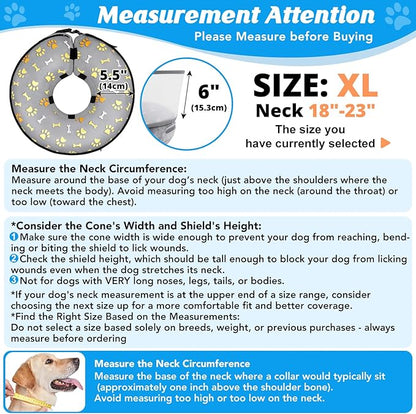 Inflatable Dog Cone with Anti-Licking Clear Shield, Protective Dog Donut Collar After Surgery, Adjustable Soft Recovery Cone for Pets, Alternative Collar with Buckle Strap (Grey Paw, XL)