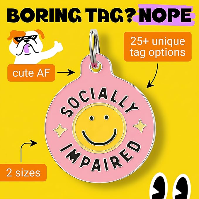 Bad Tags Personalized Dog and Cat ID Tags in 25+ Designs and 2 Sizes - 5 Lines of Custom Engraved Text - Funny Cute Personalized Pet Tags (Socially Impaired - Pink, Large (1.25 inch))
