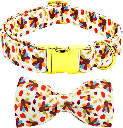 Thanksgiving Dog Collar, Turkey Dogs Collars Bow Tie Pet Collar Adjustable Pet Collars Premium Metal Buckle Autumn Leaf Necklace for Large Dogs
