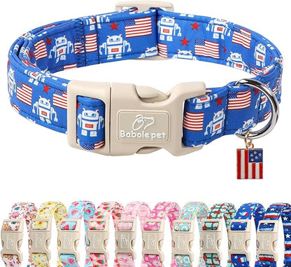 4th of July Dog Collar, Robot Star-Spangled Patriotic Dog Collars for Medium Dogs, Adjustable Lightweight Quick-Release Buckle Collar for Boy&Girl Dogs M