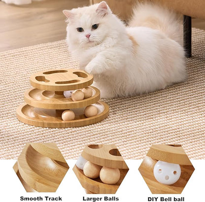 Cat Ball Track Toy with Puzzle Top, Wooden Cat Toys for Indoor Cats with Spinning Balls, Interactive Large Cat Ball Tower for Kitten Kitty Exercise Mental Physical