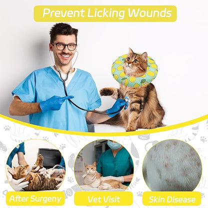 Cat Cone Collar Soft, Adjustable Cat Recovery Collars Kitten Cones to Stop Licking, Cute Donut Neck Collar After Surgery, Elizabethan Collar for Cats After Spay (Green Lemon, Small)