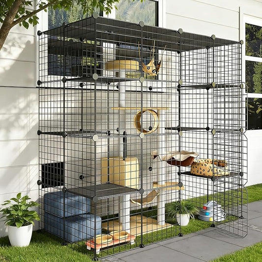 Oneluck Outdoor Cat House Cat Cages Enclosure with Super Large Enter Door, Balcony Cat Playpen with Platforms,DIY Kennels Crate Large Exercise Place Ideal for 1-3 Cats (55L x 28W x 55H)