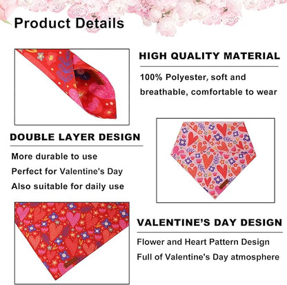 ADOGGYGO Valentines Dog Bandana 2 Pack, Heart and Floral Print Pet Scarf Bib, Adjustable Fit Red Pink Valentines Bandanas for Medium Large Dogs (Large)