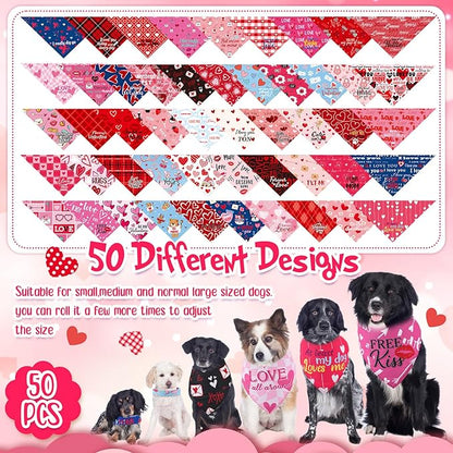 Chunful 50 Pcs Valentine's Day Dog Bandana Bulk with Sayings Pet Triangle Scarf Bibs Washable Puppy Kerchief Adjustable Grooming Supplies for Small Medium Large Dog Cat Accessory