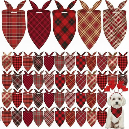 Weewooday 50 Pcs Valentine's Day Red Plaid Dog Bandanas Bulk for Dogs Soft Bibs Adjustable Triangle Bandana for Small Medium Large Pet Costume(25.6 x 17.7 x 17.7 Inch)