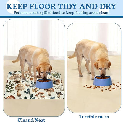 Vintage Mushroom Floral Dog Cat Food Mat–Christmas Stocking Absorbent Waterproof Placemat for Food and Water Bowls, Non Slip Rubber Backing, Feeding Mat for Clean Floors 12"x20"