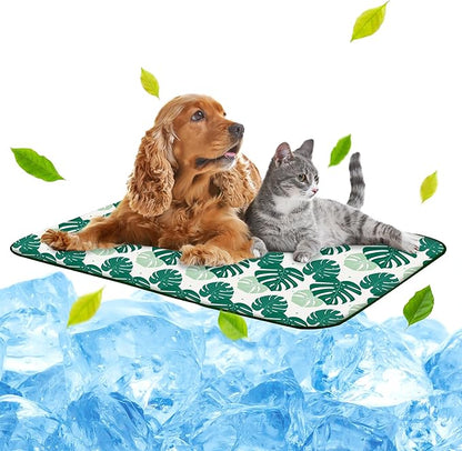 NWK Pet Cooling Mat - Ice Silk Cooling Mat for Dogs & Cats Portable & Washable Pet Cooling Blanket, Car Seats, Beds for Summer (1, Green Leaf, 39'' X 27'' X 0.3'')