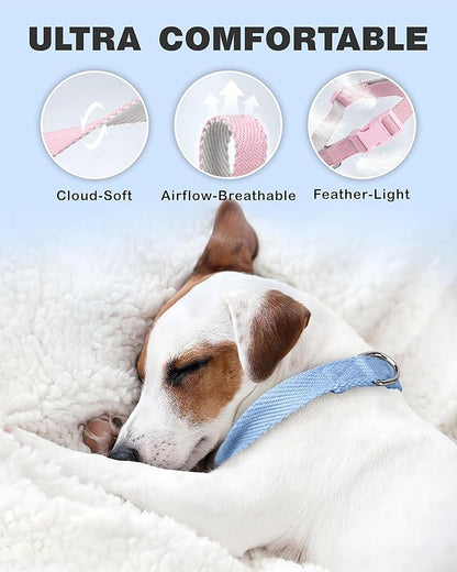 Dynmeow Soft and Breathable Cotton Dog Collar, Durable Adjustable Boy Pet Collar with Quick-Release Buckle, Lightweight for Sensitive Skin for Small and Medium Dogs, Light-Blue, S