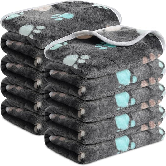 Tegeme 8 Pcs Fleece Dog Blankets for Small Dogs Cat Soft Coral Velvet Warm Sleep Mat Fluffy Dog Paw Print Blanket for Kitten Doggy Small Animal(30 x 20 Inch,Dark)