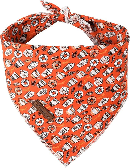 Fall Dog Bandana, Autumn Triangle Bid Scarf with Cup,Doughnut Pattern, Cotton Pet Kerchief for Girl Boy Dogs or Cats, Cute Puppy Bandana Fancy Bandana for Dogs