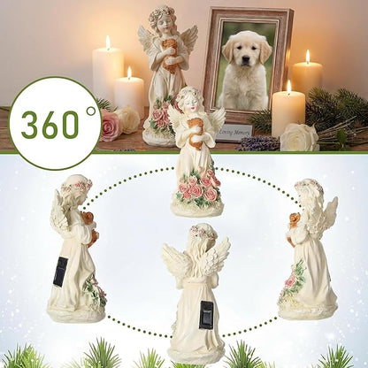 Chunful Solar Angel Dog Memorial Statue 10" Resin Pet Memorial Gift for Loss of Dog, Waterproof Outdoor Garden Cemetery Decor, LED Night Light Sympathy Gift for Women Mom Grandma