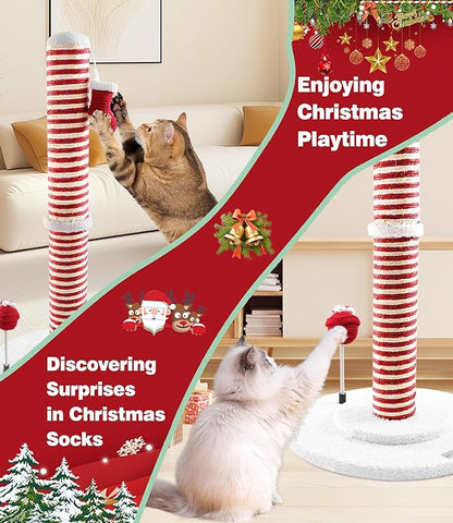 Christmas Cat Scratching Post,Christmas Cat Scratcher for Indoor Cats,Xmas Cat Tree Tower Activity Cat Play Center with Santa Danging Sock Toys and Gift Box
