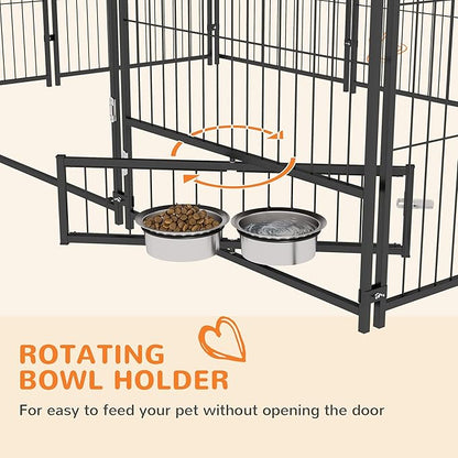 PawHut Outside Dog Kennel, 6.9' x 4.6' x 5' Puppy Play Pen with Canopy, Garden Playpen Fence Crate Enclosure Cage Rotating Bowl, for Dogs, Chickens, Ducks, Black