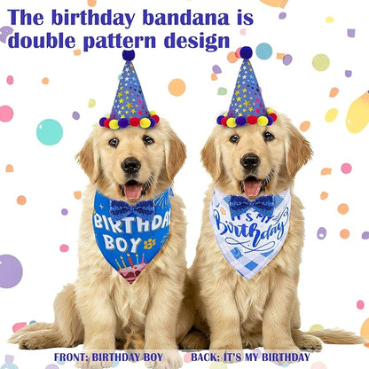 Dog Birthday Decorations, Dog Birthday Hat with Numbers Bandana Bow Tie It’s My Bday Mother Puppers Banner for Small Medium Large Dogs Pets Supplies(Blue)