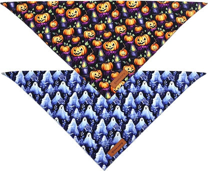Realeaf Halloween Dog Bandanas 2 Pack, Pumpkins and Ghosts Pet Scarf for Boy and Girl, Premium Durable Fabric, Holiday Bandana for Large and X-Large Dogs Pets (X-Large)