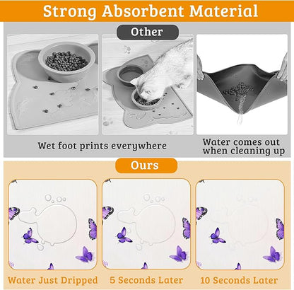 Pet Feeding Mat,Lavender Butterfly Absorbent Dog Cat Food Mat Purple Dog Mat with Rubber Backing,Non-Slip Water Bowl Placemat,Pet Supplies 12" x 20"