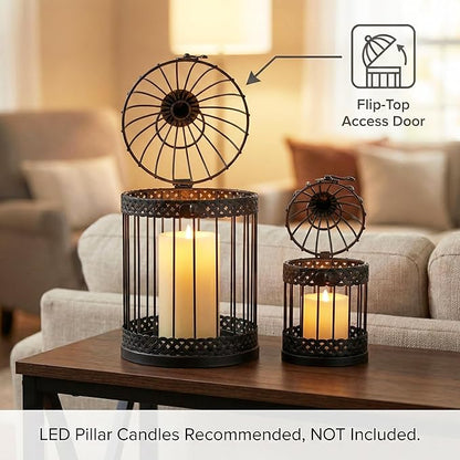 VELA LANTERNS Bird Cage Decor Candle Holder Lantern Decorative Table Centerpiece Halloween Decorations, 10" and 6" Tall, Black, Set of 2