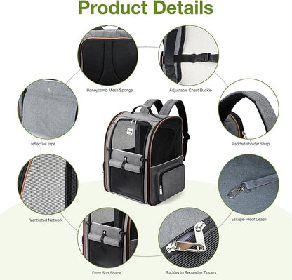 Lekebobor Cat Carrier Backpack, Expandable Pet Carrier with Sun Shade & Full Front Opening, Breathable Mesh Backpack for Small Dogs & Medium Cats Up to 18 Lbs, Foldable for Hiking, Camping (Grey)