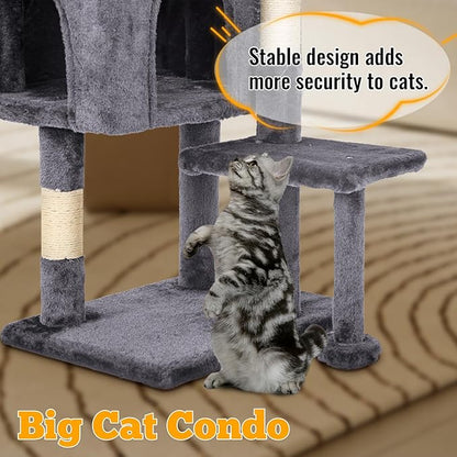 FDW | 37.8" Cat Tree Tower | Light Gray | Multi-Level Indoor Activity Center with Sisal Scratching Posts, Condos, Plush Perches, Hanging Cat Toys | Sturdy, Easy to Assemble | for Kittens & Adult Cats
