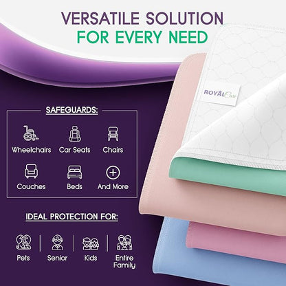 Incontinence Bed Pads - 4 Pack 34" x 36" Reusable Waterproof Mattress Protectors - Highly Absorbent, Machine Washable - for Children, Pets and Seniors - Multi Color - Royal Care