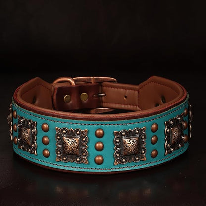 PET ARTIST Upgrade Padded Leather Dog Collar, 2 inch Wide Genuine Leather Dog Collars with Strong Studded Rivet & Metal Buckle, Adjustable Large Dog Collar for Pit Bull Doberman,Green,Neck 19-22"