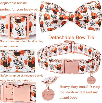 Thanksgiving Dog Collar with Bow Tie, Turkey Cotton Bowtie Collar for Puppy Girl Dog or Cat, Autumn Bow Tie Collar with Durable Metal Buckle, Turkeys Pet Collar, XS, Neck 8-12in