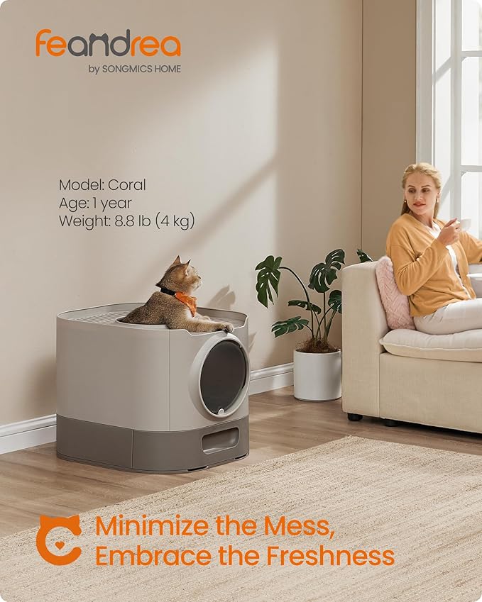 Feandrea Cat Litter Box with Lid, XL Enclosed Litter Box with Slide-Out Tray, Scoop, Brush, Anti-Tracking, for Cats of Different Sizes, Oatmeal and Warm Gray UPPT002G01