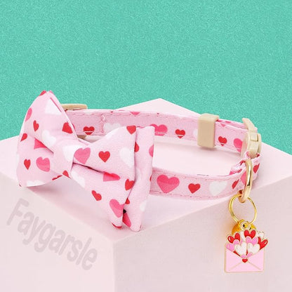 Faygarsle 2 Pack Breakaway Cat Collar with Bow and Bell, Heart Pattern, Pink, Adjustable Safety Buckle, Valentine's Day Theme