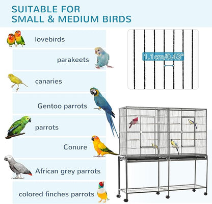 PawHut 65" Double Rolling Metal Bird Cage with Divider, Large Parrot Cage for Parakeet, Canaries, Lovebirds, Budgie, Finch, with Detachable Rolling Stand, Storage Shelf, Wood Perch & Food Container