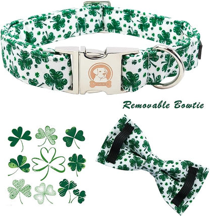 MR. CHUBBYFACE St.Patrick's Day Dog Collar Green Clovers Adjustable Dog Collar Bow Tie for Small Medium Large Dogs