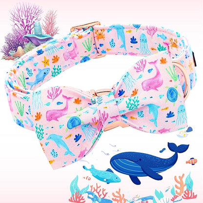 Lionheart glory Dog Bow Collar Sea Animals Print Pink Dog Collar for Large Dogs,Female Male Dog Collars with Bowtie Spring Summer Collars Soft Adjustable Pet Collar Bows
