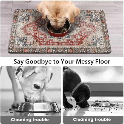 Dog Food Mats for Floors, Absorbent and Quick-Drying Pet Cat Food Mat,Anti-Fouling and Easy-to-Clean Pet Feeding Mat,Dog Bowl Mat for Messy Drinking Water Bowls.17 x32, Bohemia Style