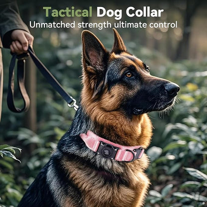 2025 Upgrade Waterproof AirTag Dog Collar, Military Tactical Dog Collar with AirTag Holder, Comfortable Control Handle and Metal Buckle, GPS Dog Collar Holder for Medium to Large Dogs (Pink, M)