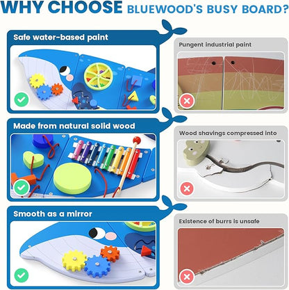 BlueWood Wooden Wall Busy Board Panels, Toddler Learning Activity Center, Montessori Philosophy Sensory, Educational Toys, Conducive to All-Round Development - Whale
