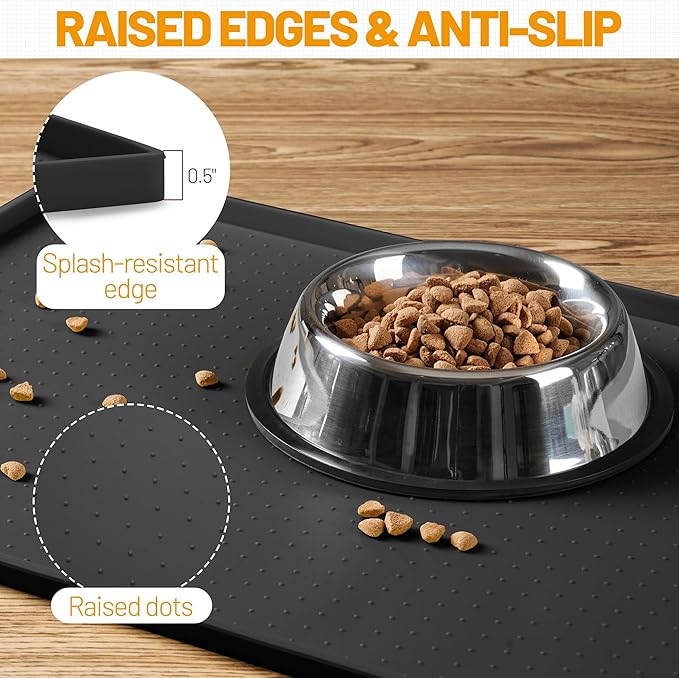 Hubulk Dog Feeding Mat,100% Waterproof Food Grade Silicone Pet Food and Water Bowl Placemat,Dishwasher, High Raised Edge to Prevent Spills,Nonslip Tray to Stop Messes on Floor (24"x16"x0.5", Black)