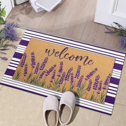 Tinideya 2 Pcs Lavender Door Mat Purple and White Stripe Welcome Non Slip Coir Mats Flower Floor Layering Doormats Seasonal for Front Porch Entryway Decor(Lavender)