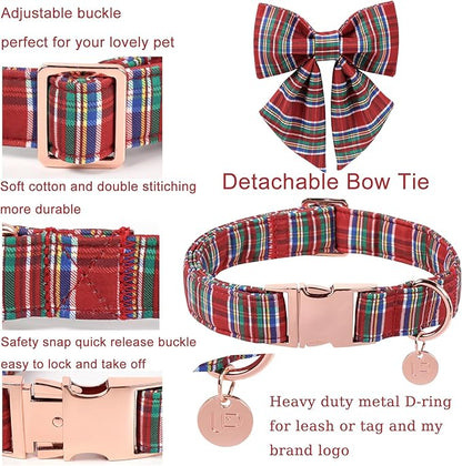 Christmas Plaid Dog Collar with Bow, Red and Blue Check Adjustable Pet Collar with Quick Release, Christmas Stripes Bowtie Collar for Small Medium Large Dogs L