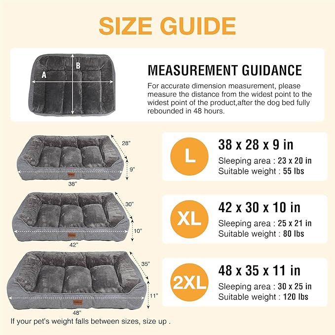 Orthopedic Dog Bed for Extra Large Dogs - Extra Thick Supportive Dog Couch Bed, Pet Beds Sofa with Waterproof Washable Cover & Non-Slip Bottom, Brown, 48x35 Inch