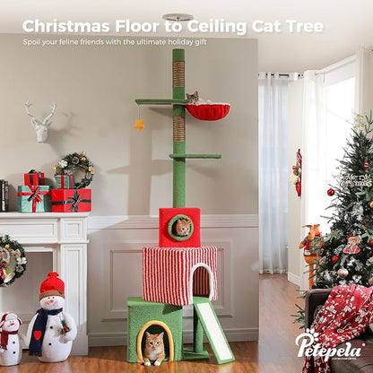 PETEPELA 83-108'' Floor to Ceiling Christmas Cat Tree for Large Indoor Cats, Tall Cat Tower with Adjustable Height with 3 Large Cat Condos, Cozy Hammock, Scratching Posts, Green/Red