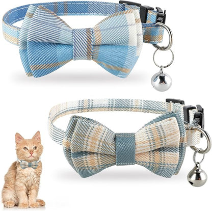 Jeffdad 2Pcs Cat Collar Breakaway, Cat Collar with Bells Bowtie Plaid Cat Collar Adjustable for Kitten Puppy and Small Pets (Blue and White Plaid)