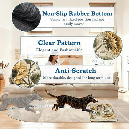 Vintage Sunflower Pet Feeding Mat for Floors–Christmas Stocking Absorbent Quick Dry Dog Cat Bowl Mat for Food and Water, Non Slip Waterproof Base, Mess-Free Feeding Accessories 12"x20"
