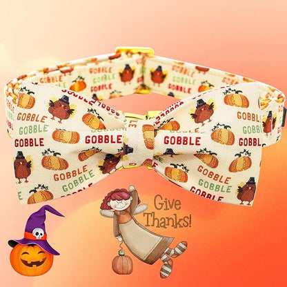 Dog Collar, Thanksgiving Turkey Pet Collar Bow Holiday Girl Boy Puppy Collar Adjustable for Large Dogs
