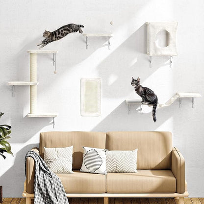 Wall Mounted Cat Furniture, 5 Pcs Cat Wall Shelves with House, Bridge, Steps, Scratching Post, Shelves, Indoor Safe & Stable Furniture for Kittens Play,Beige