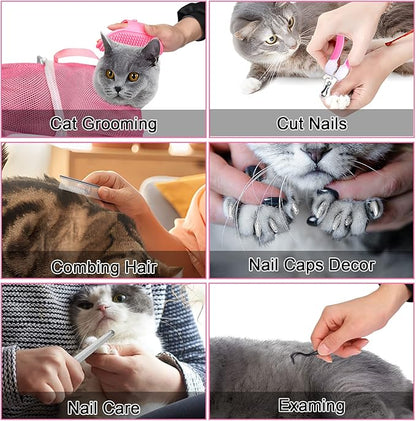 JULMELON Cat Washing Bag 10 PCS Set, Adjustable Cat Shower Net Bag and Pet Grooming Brush with Nail Clipper Nail File Hair Combs Tick Tool Nail Caps for Bathing Nail Trimming Examination(Pink+Grey)