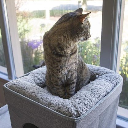 Kitty City Large Stackable Cat Condo & Cube House, Modular Indoor Cat Furniture with Plush Washable Beds, Collapsible Cat Cave & Lounging Ottoman, Grey