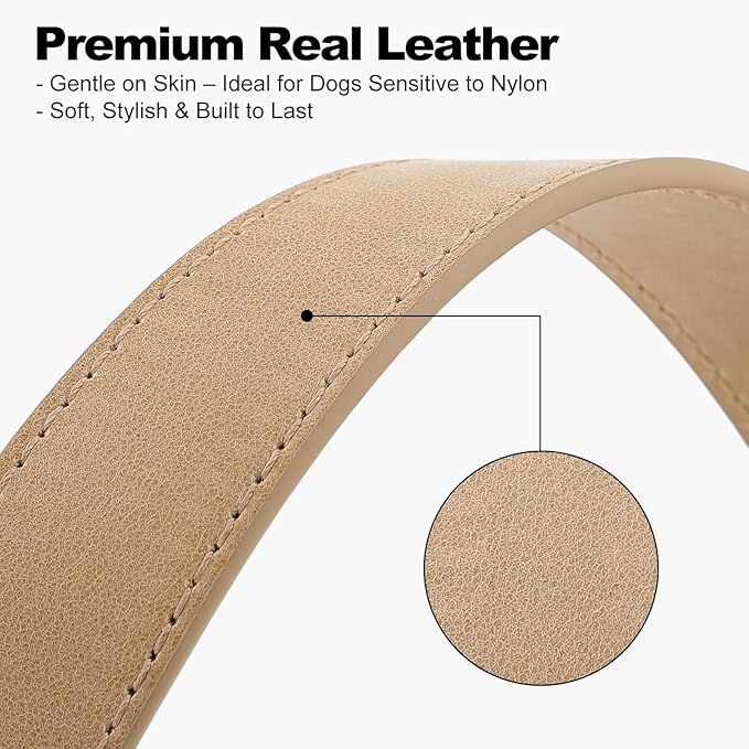 Plutus Pet Genuine Leather Dog Collar – Adjustable Pet Collar with Quick Release Metal Buckle, Soft Real Leather for Small Medium Large Dogs, Heavy Duty & Skin-Friendly (Beige, XS)