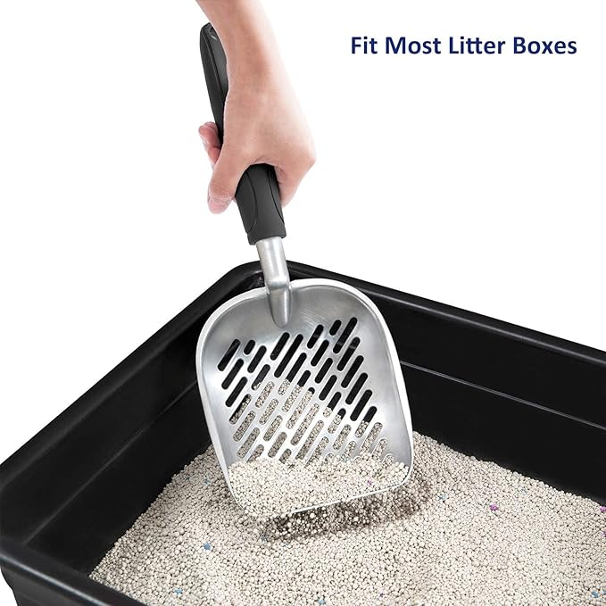 WePet Cat Litter Scoop, Aluminum Alloy Sifter, Kitty Metal Scooper, Deep Shovel with Diagonal Sifting Hole, Long Handle, Kitten Poop Lifter for Litter Box, Large Size, Black Handle